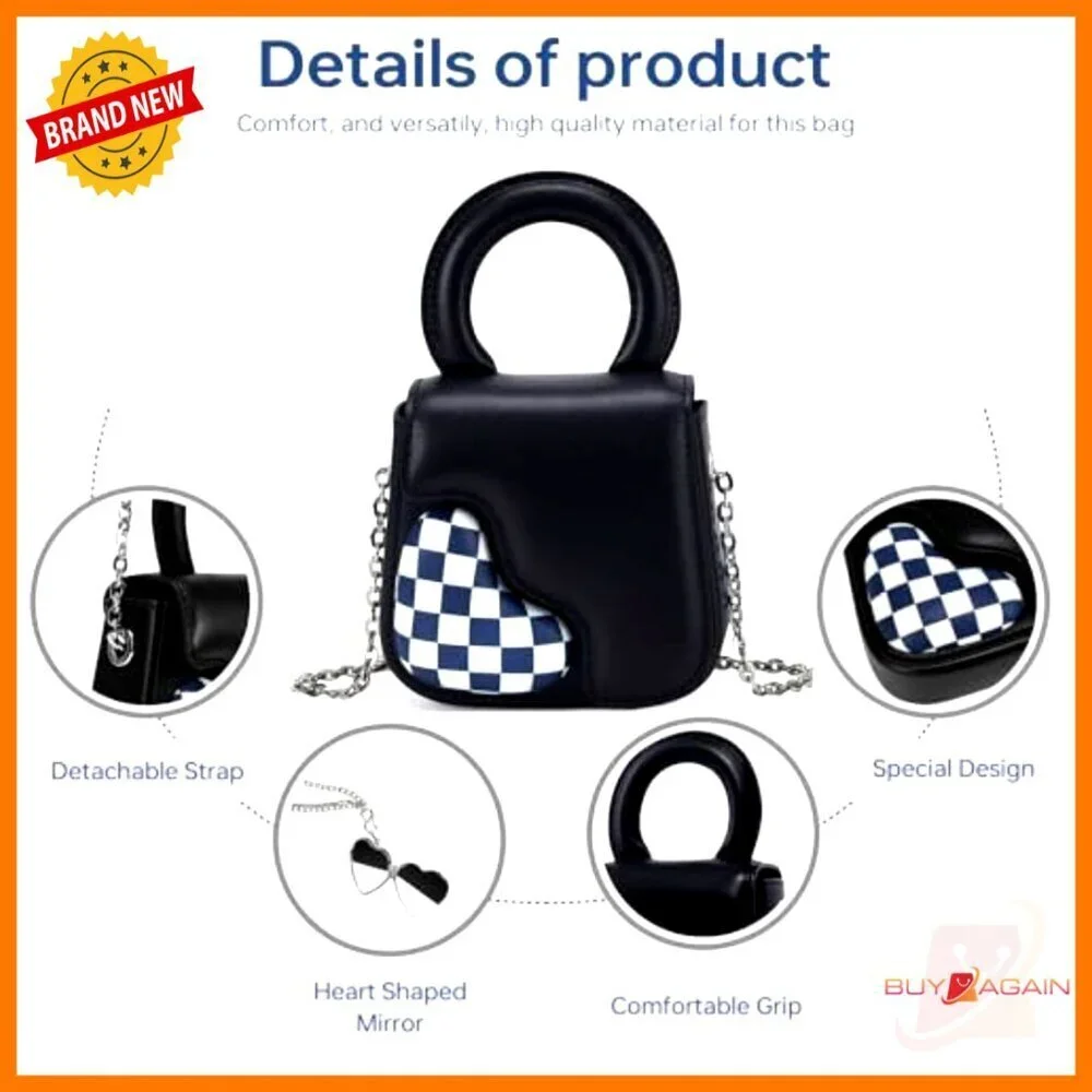 Mini Crossbody Bag Genuine Leather Top Handle Heart Mirror Chain Strap